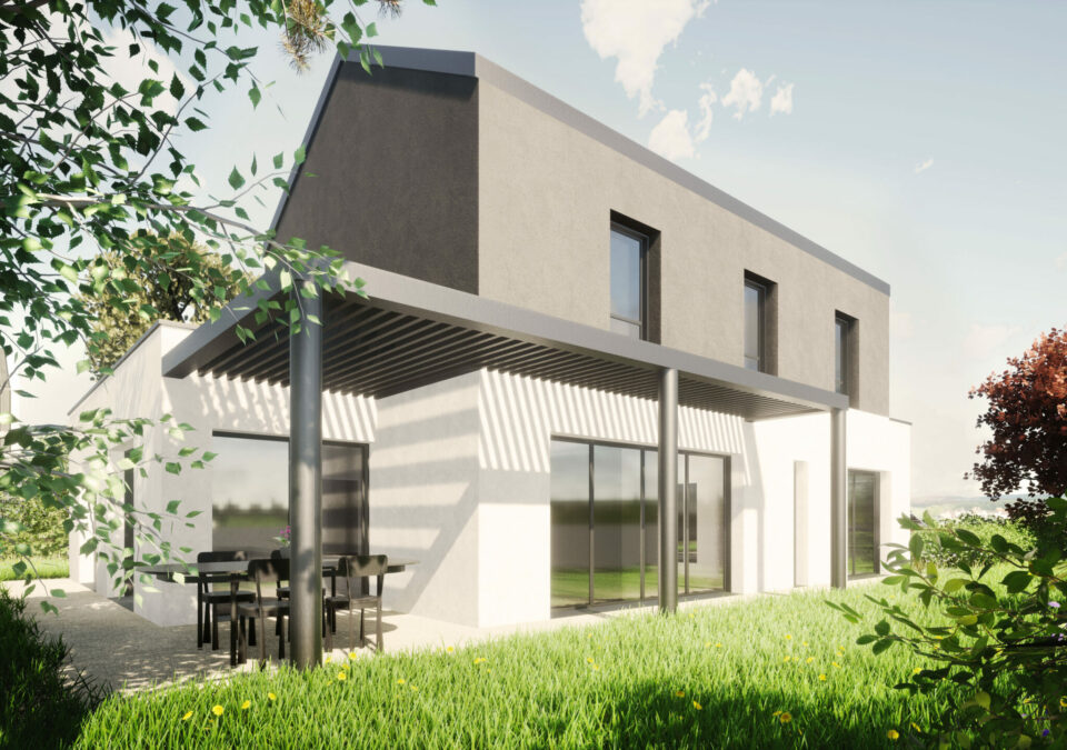 Maison d'architecte neuve premium design à Cesson-Sévigné (35) - Vue de la pergola donnant sur le jardin - Bretagne Habitation Construction