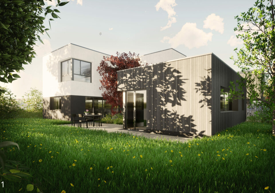 Maison neuve design d'architecte à toit plat située à Cesson-Sévigné (35) - Bretagne Habitation Construction