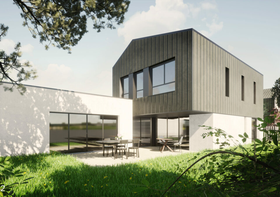 Maison neuve design d'architecte à Cesson-Sévigné (35) - Vue sur la terrasse côté jardin - Bretagne Habitation Construction