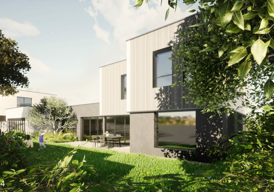 Maison d'architecte neuve cubique à Cesson-Sévigné (35) - Grandes baies vitrées donnant sur le jardin - Bretagne Habitation Construction