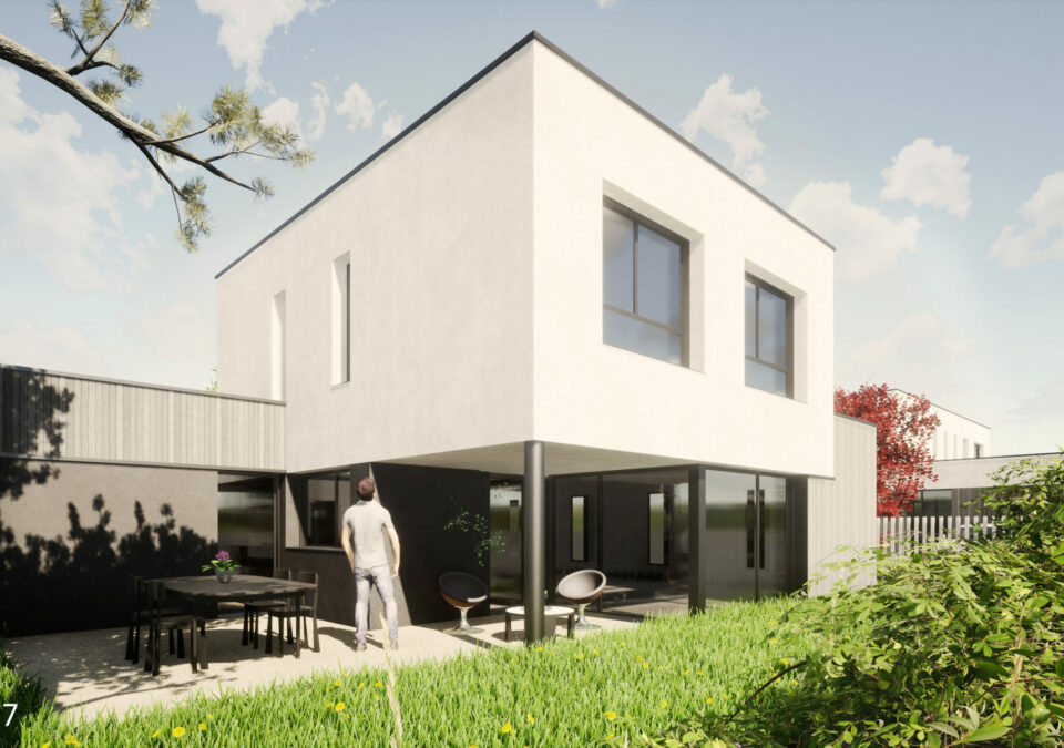 Maison d'architecte neuve à Cesson-Sévigné (35) - Vue du porte à faux côté jardin - Bretagne Habitation Construction