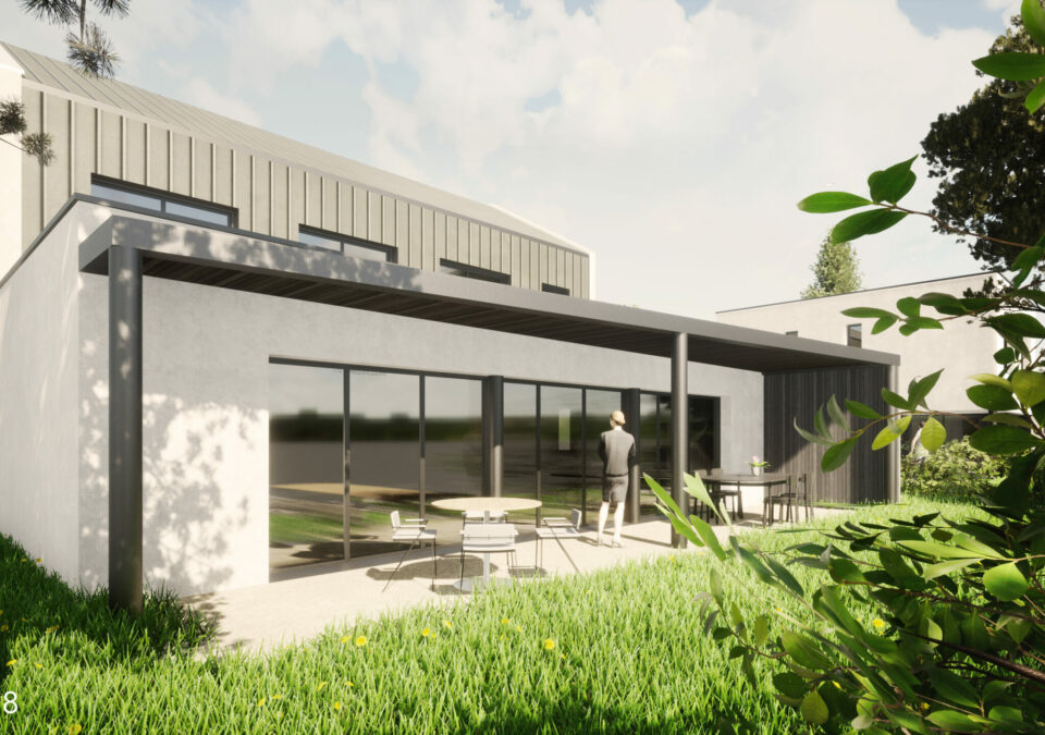 Maison d'architecte neuve moderne à Cesson-Sévigné (35) - Vue de la terrasse couverte - Bretagne Habitation Construction